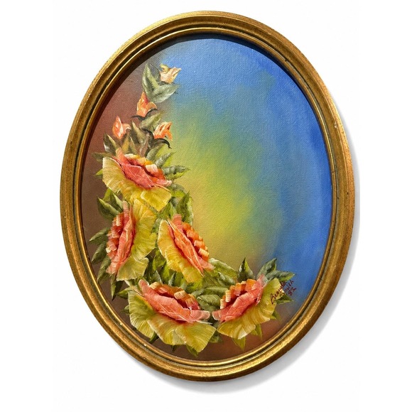 Other - Vintage Original Oval Framed Oil Painting Signed By Artist Julia Floral Roses